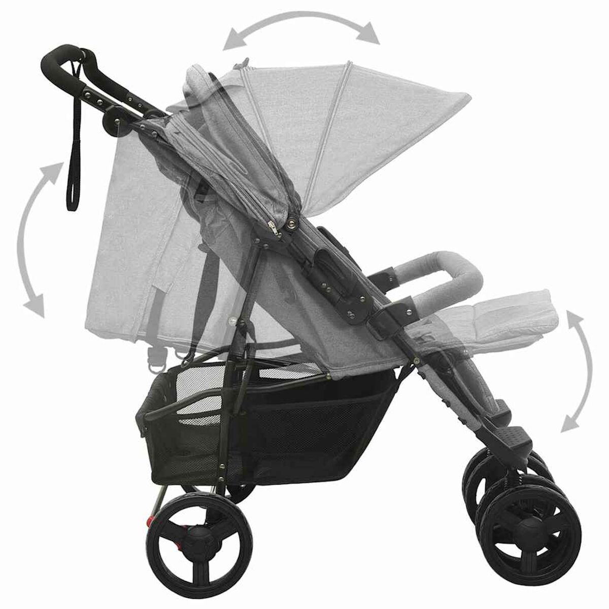 Grauer Kinderwagen mit schwarzem Aufbewahrungskorb und schwarzen Rädern. Pfeile zeigen verstellbares Verdeck und Neigung.