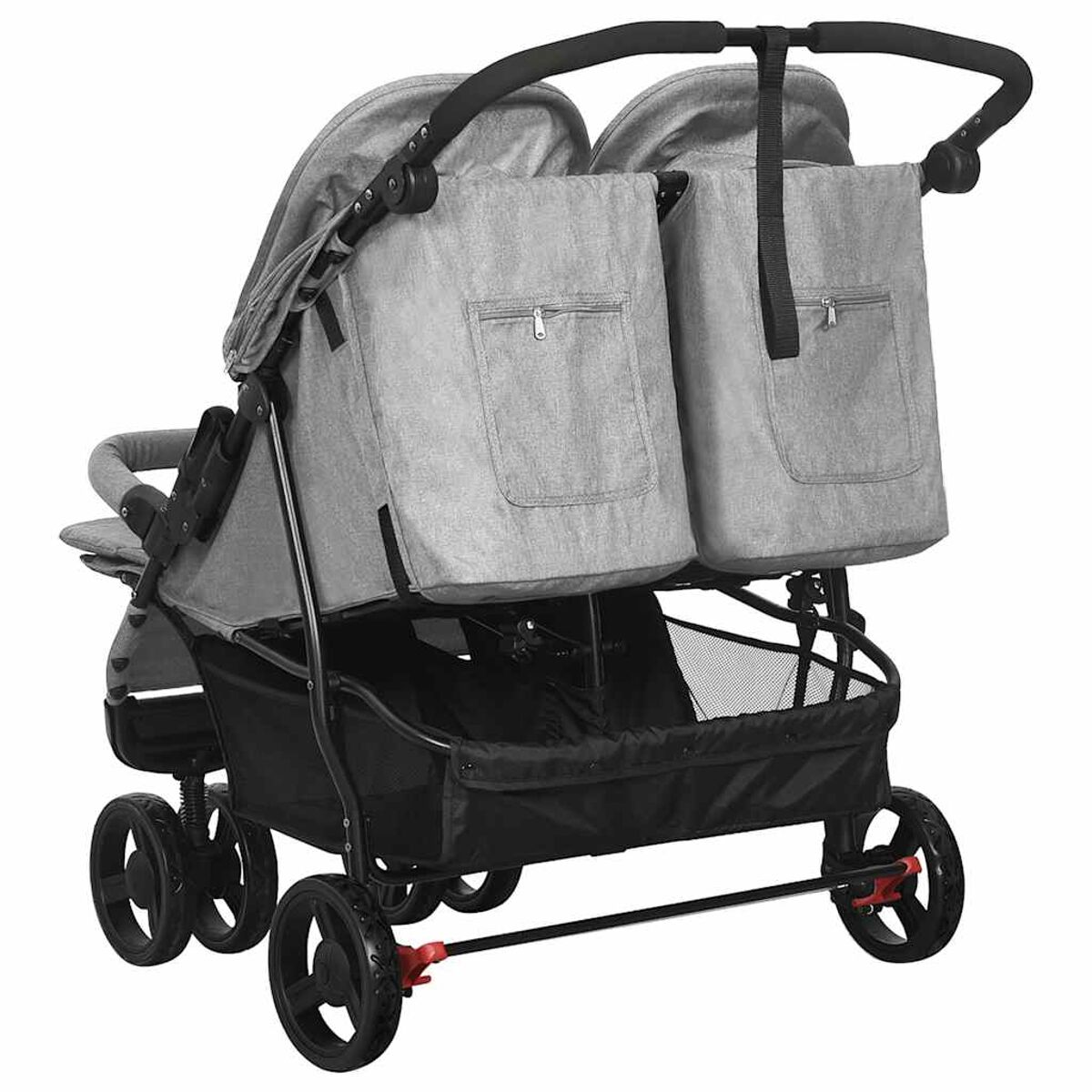 Grauer Doppelkinderwagen mit zwei Fächern, schwarzem Korb und vier schwarzen Rädern.