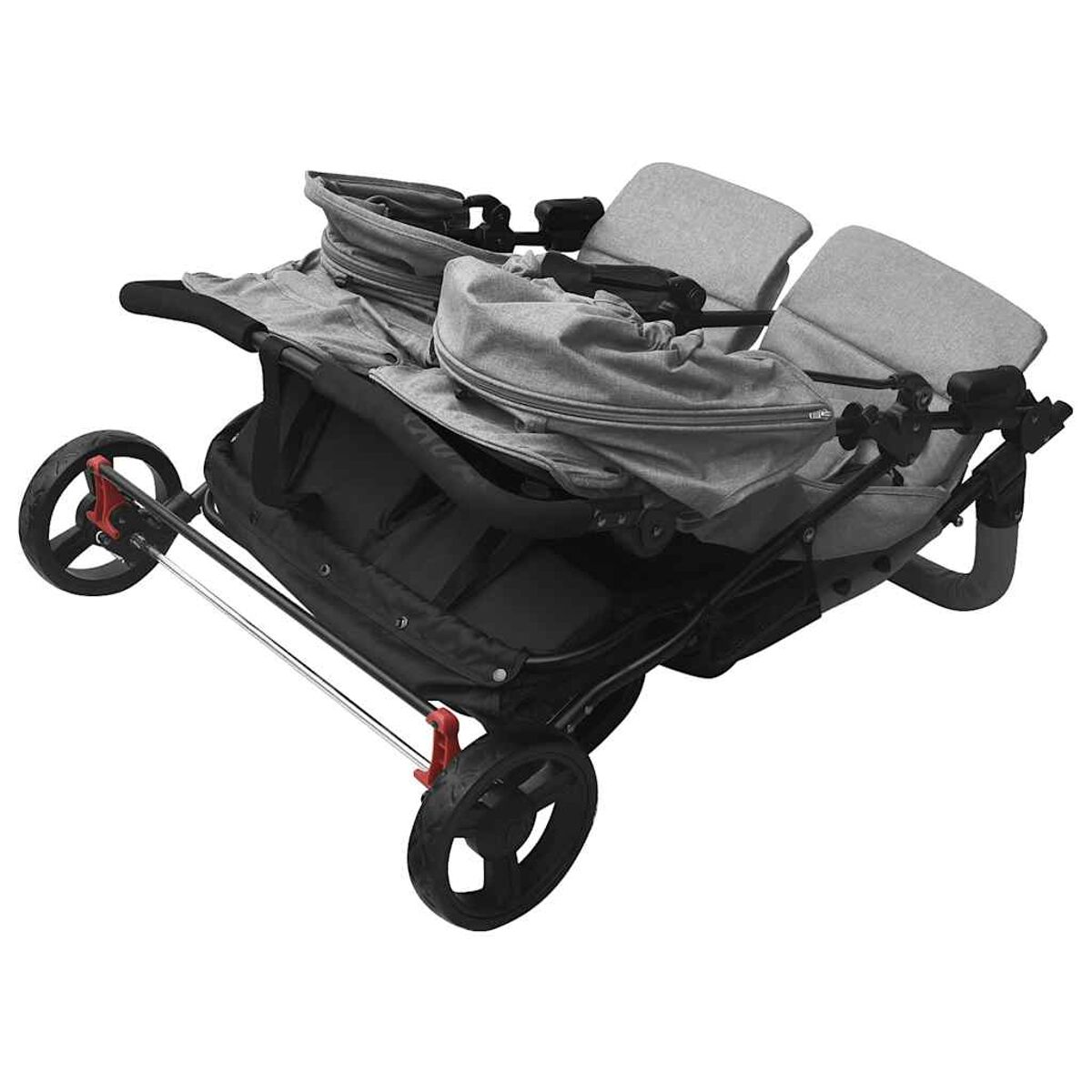 Grauer Kinderwagen mit schwarzen Rädern. Der Wagen hat zwei Sitze und einen Stauraum.