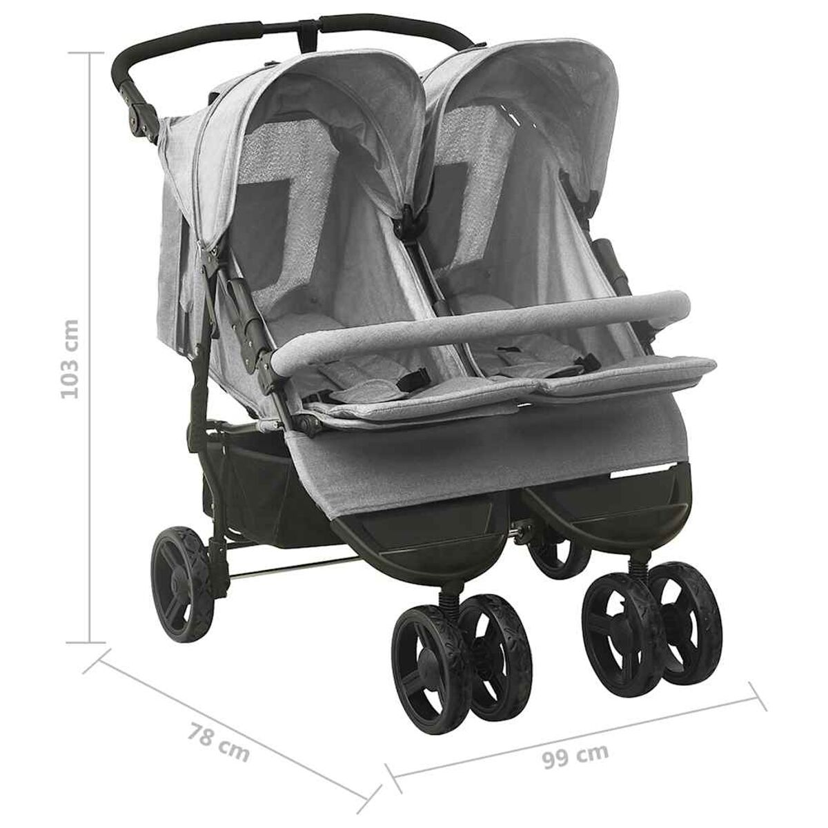 Grauer Zwillingskinderwagen mit beschrifteten Abmessungen.