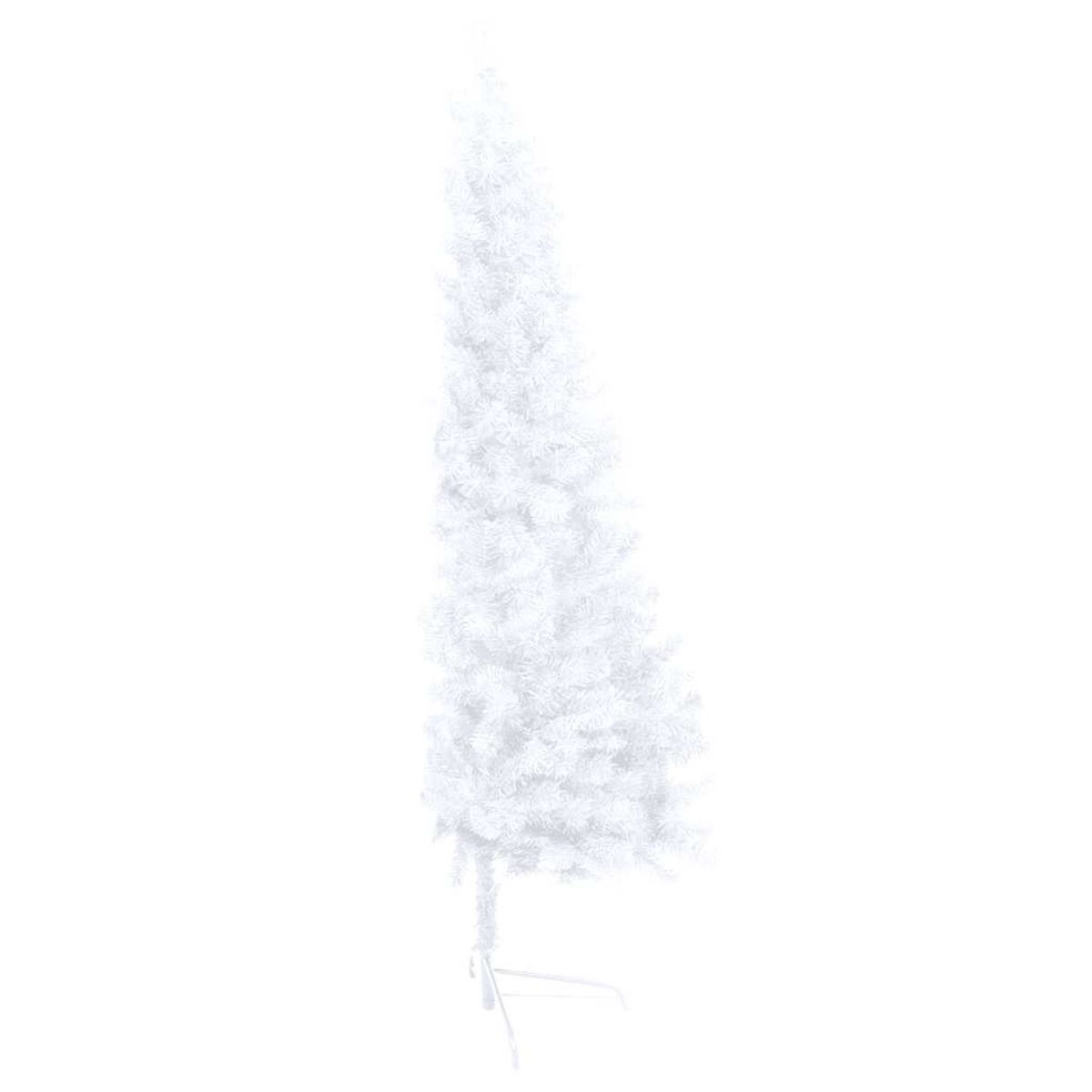 Ein weißer Weihnachtsbaum. Er ist hoch, schmal und hat viele weiße Äste. Der Hintergrund ist weiß.