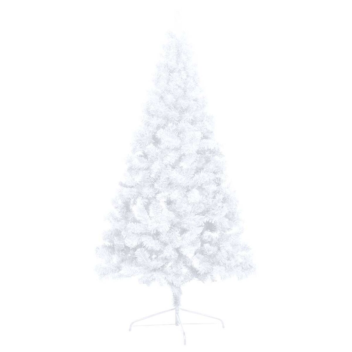 Ein hoher, weißer künstlicher Weihnachtsbaum. Er hat ein einfaches Design und steht vor weißem Hintergrund.