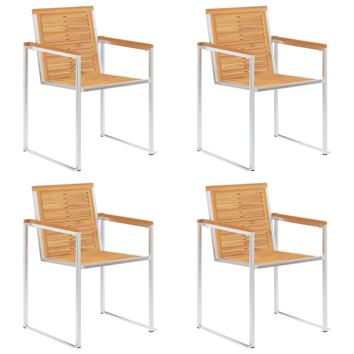 Vier Stühle mit Holzsitzen und -lehnen, Metallrahmen und Armlehnen, auf weißem Hintergrund.