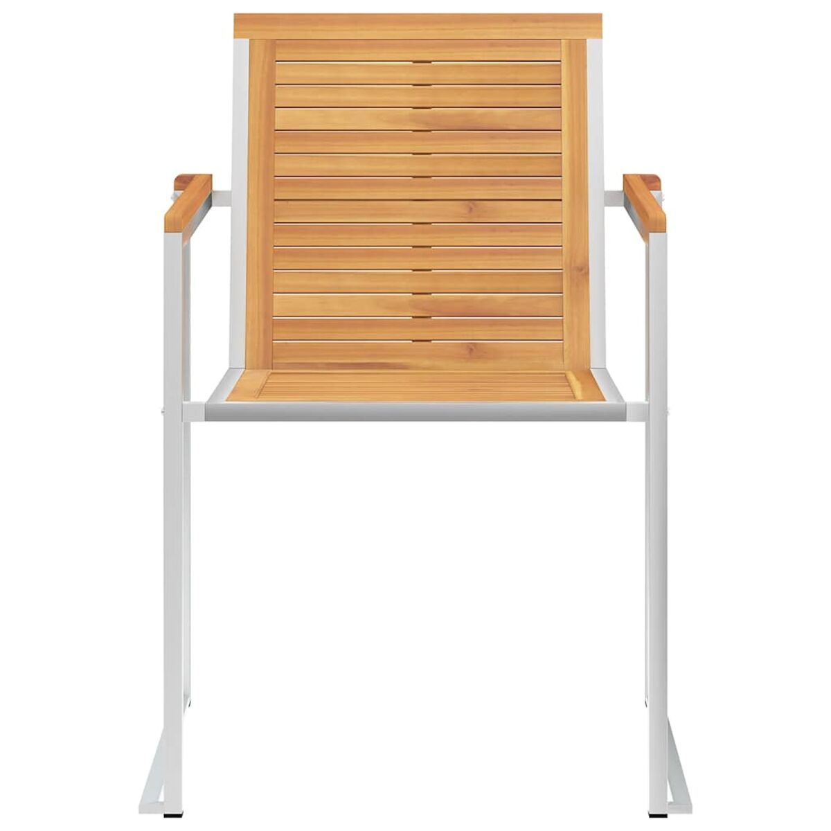 Ein Stuhl mit Holz Sitz und Rückenlehne, und weißem Metallrahmen.