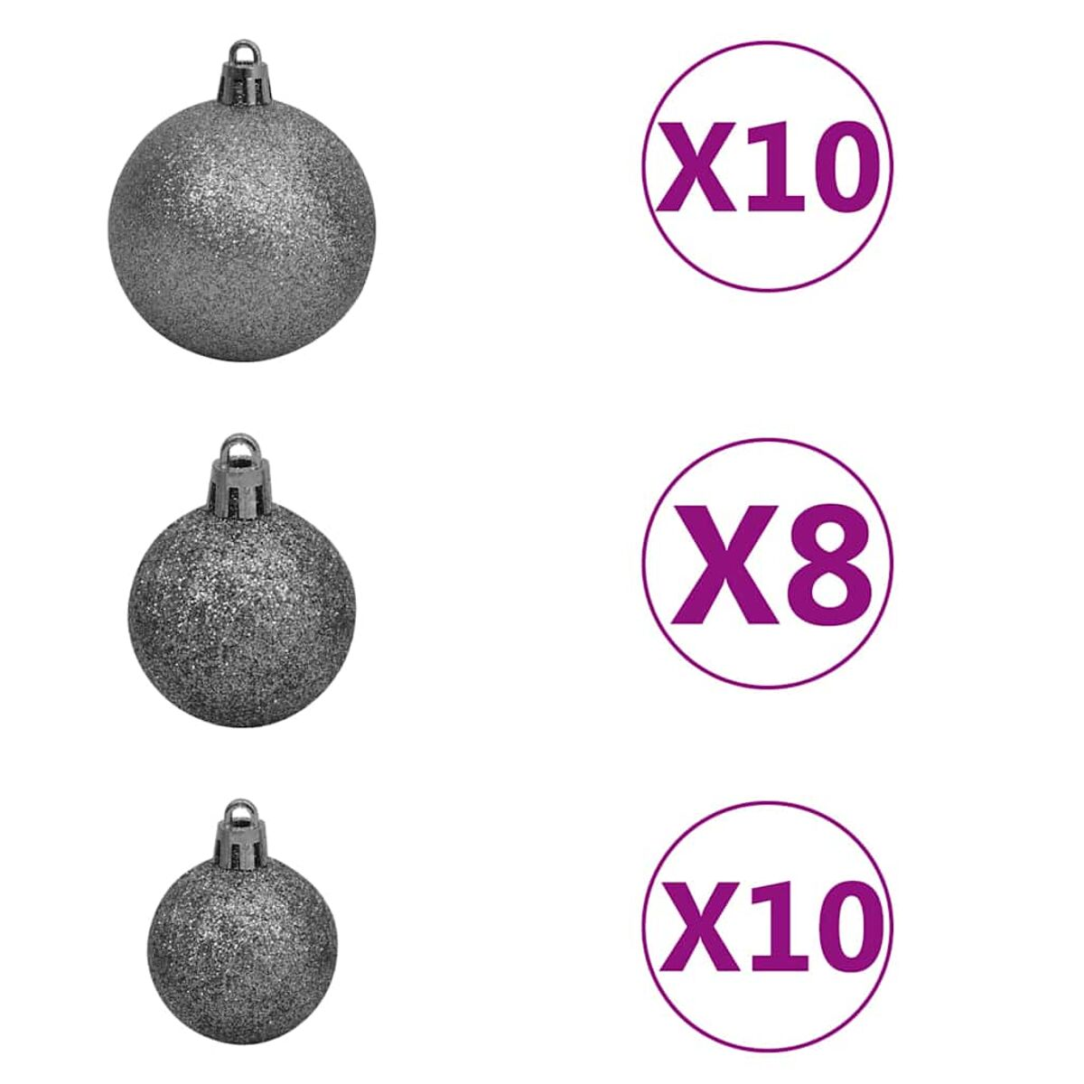 Drei silberne Glitzer-Weihnachtskugeln mit Mengen von 10 und 8.