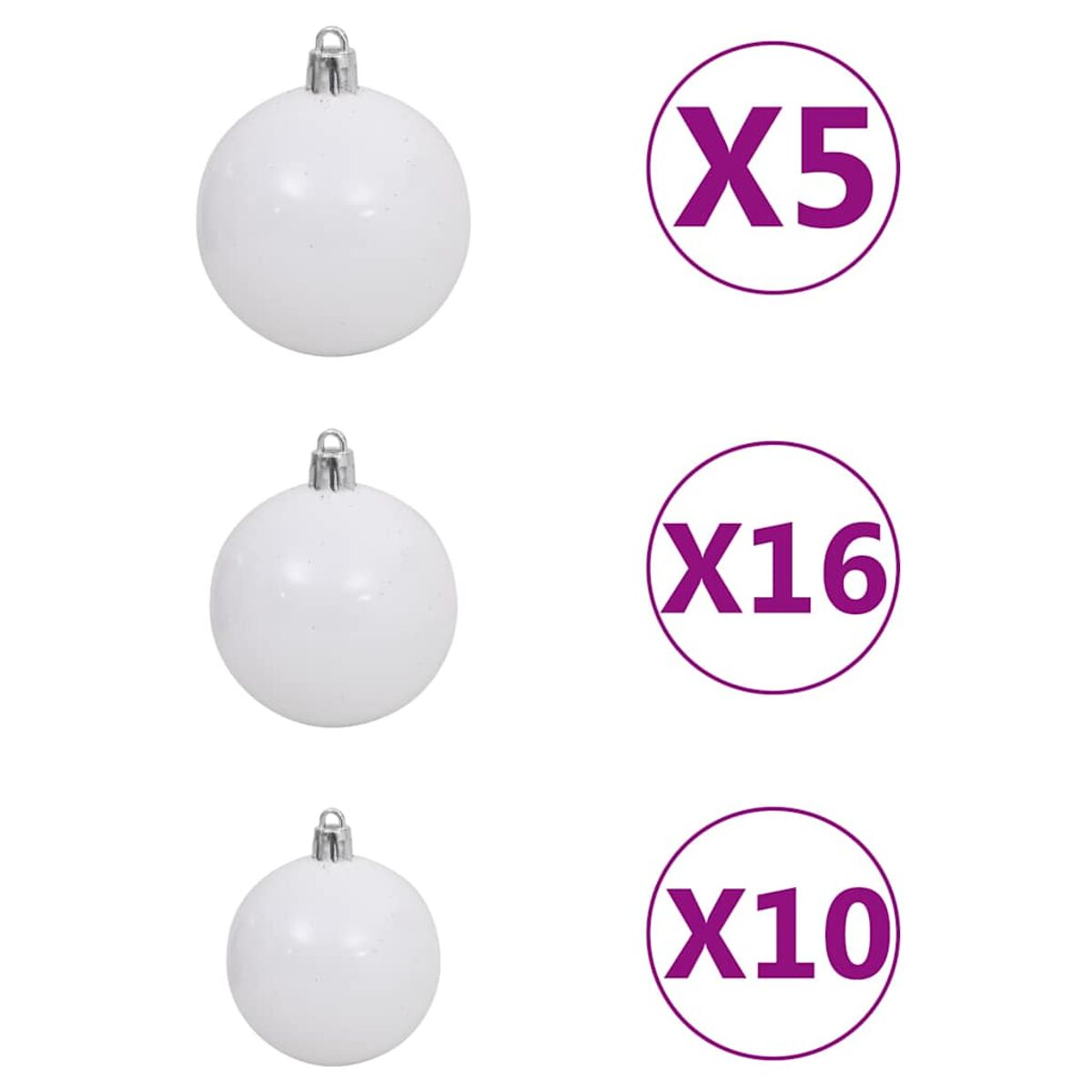Drei weiße Weihnachtskugeln. Etiketten zeigen Mengen an: x5, x16 und x10.