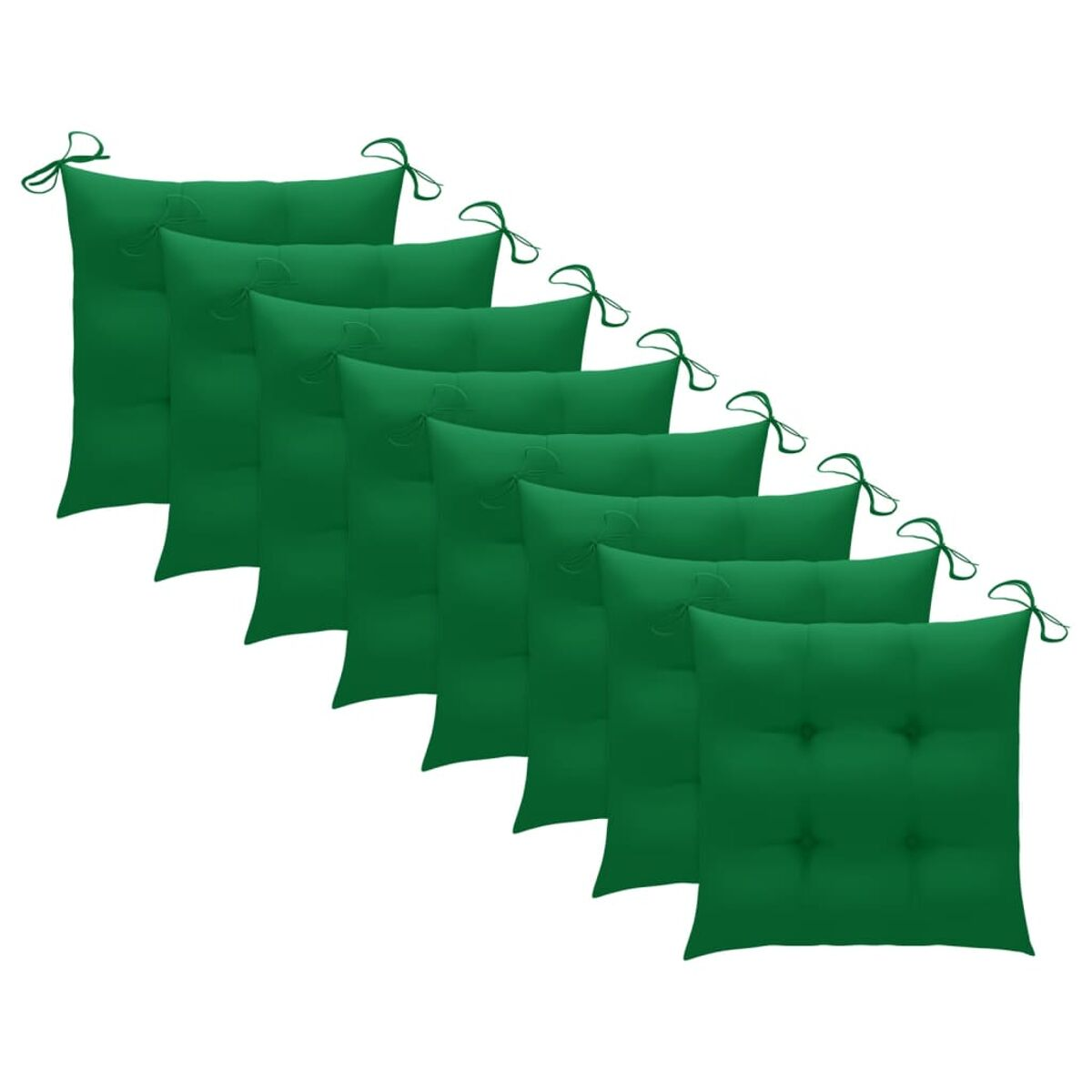 Neun grüne Sitzkissen mit Bindungen, diagonal auf weißem Hintergrund angeordnet.