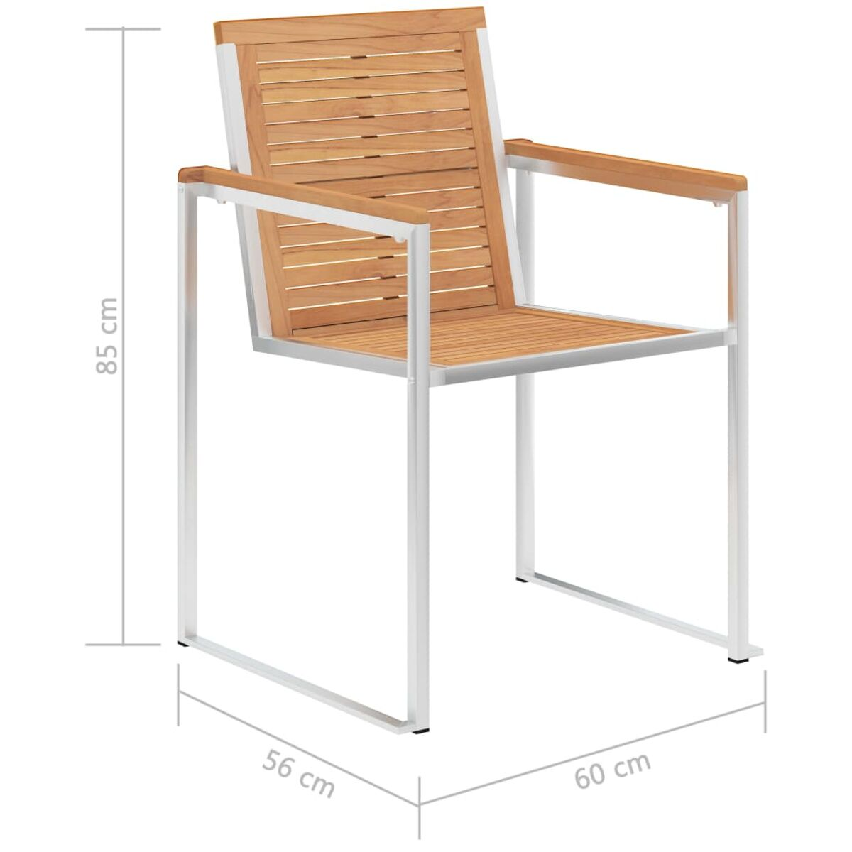 Ein weißer Stuhl mit Holz Sitz und Rückenlehne und silbernen Beinen, mit den Abmessungen 56cm x 60cm x 85cm.