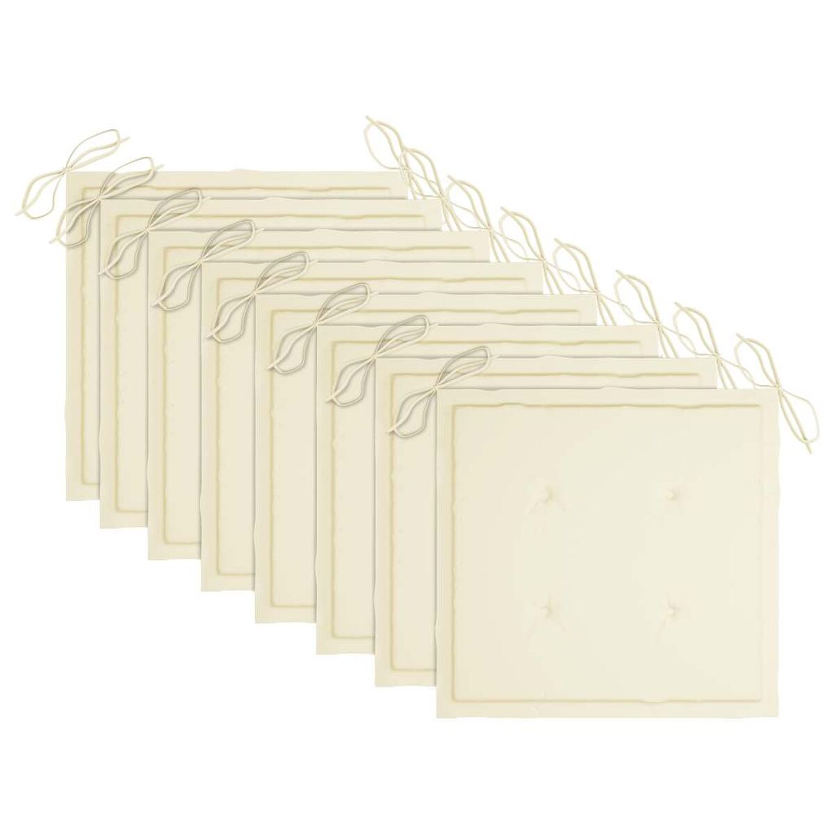 Beige quadratische Sitzkissen mit Bändern, angeordnet auf weißem, isoliertem Hintergrund.