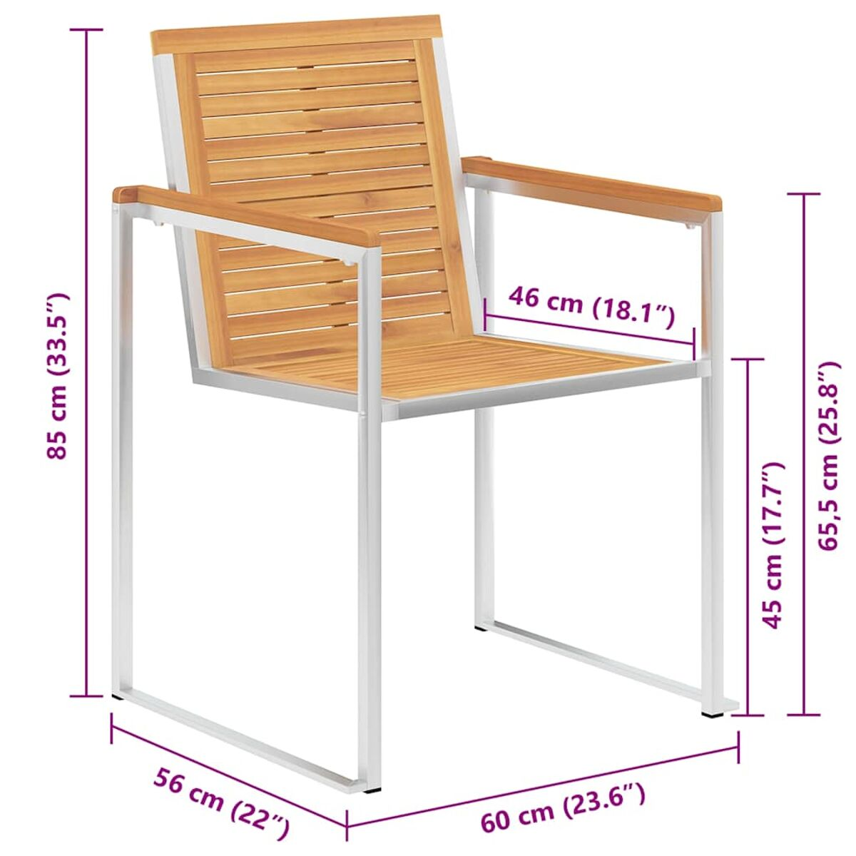 Outdoor-Stuhl mit Metallrahmen und Holz Sitz und Rücken. Weiß und braun. Abmessungen sind angegeben.