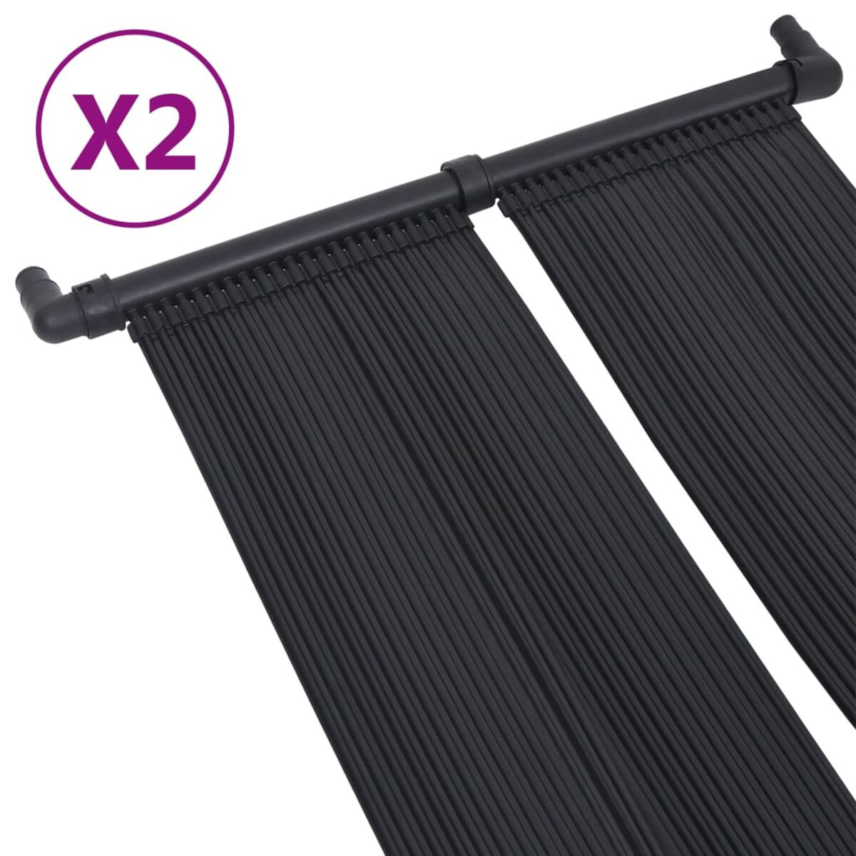 Solar-Poolheizungs-Panel-Set, schwarze Rohre, zwei Panels, weißer Hintergrund.