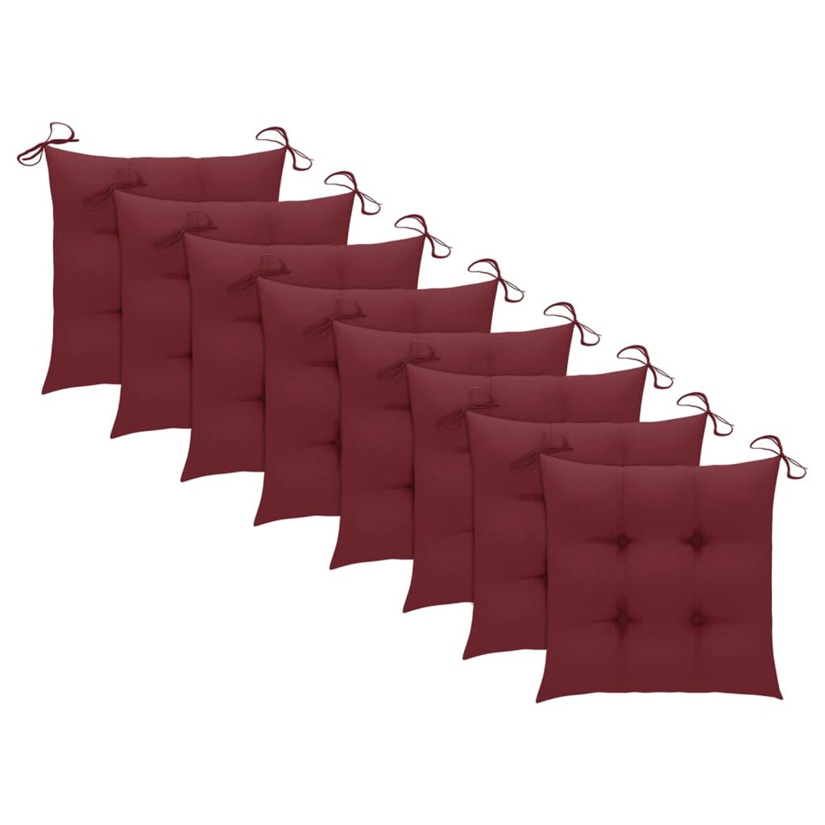Acht bordeauxrote Sitzkissen mit Bindebändern. Diagonale Anordnung. Weißer Hintergrund.
