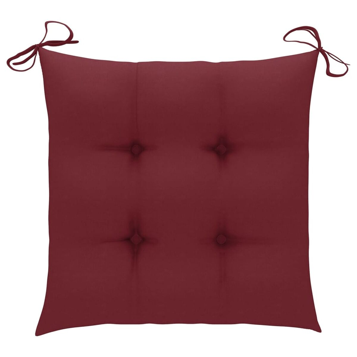 Quadratisches, weinrotes Kissen mit Knopfdetails. Weißer Hintergrund.