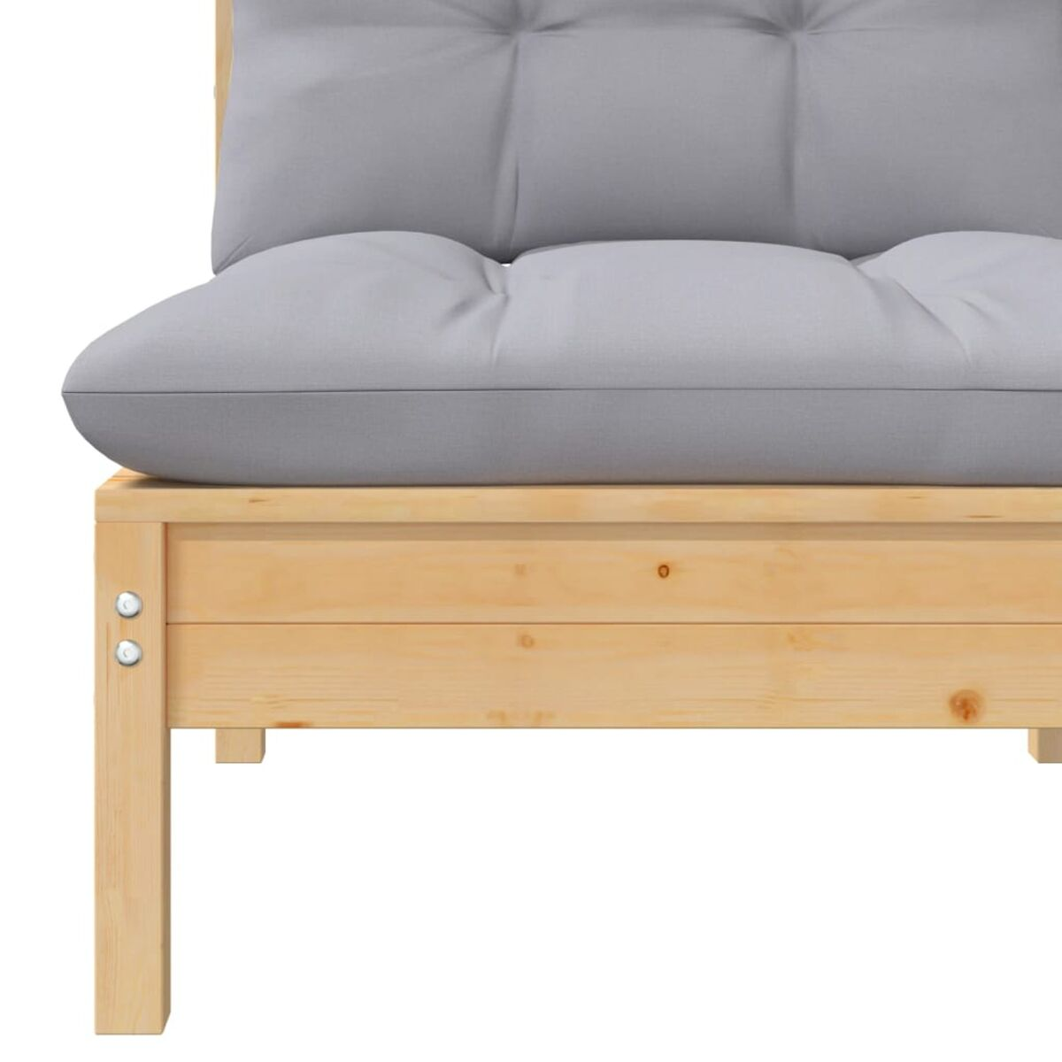 Holzrahmen eines Futon-Sofas. Graues Kissen mit getufteter Rückenlehne und Sitzfläche.
