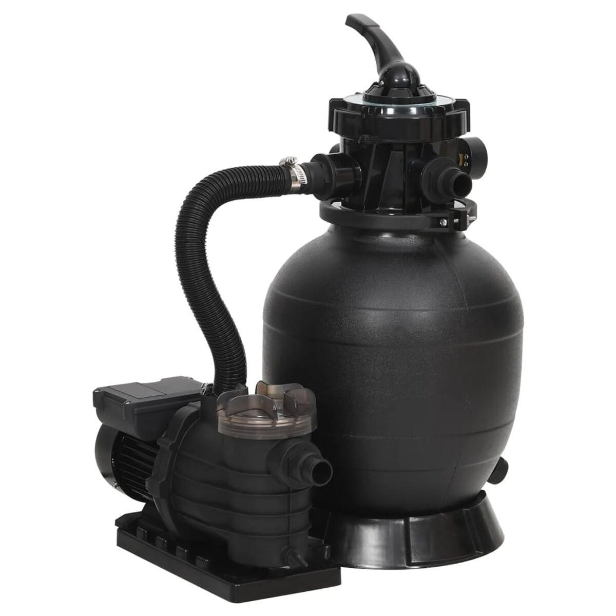 Schwarzes Poolfiltersystem mit Pumpe, Schläuchen und Tank.