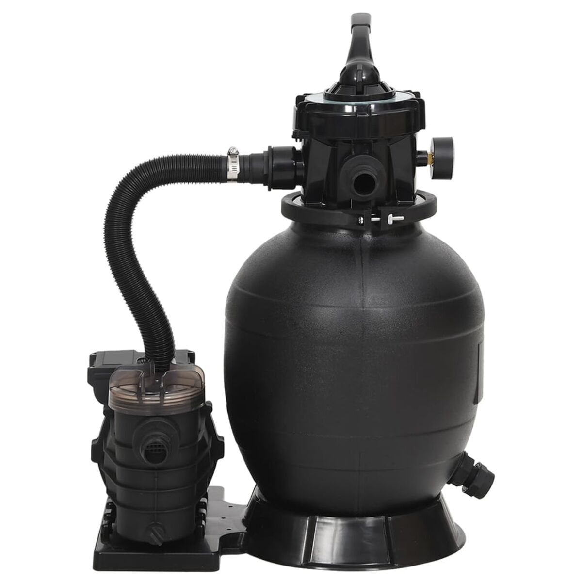 Ein schwarzer Poolfilter mit einer schwarzen Pumpe und Schläuchen. Weißer Hintergrund.
