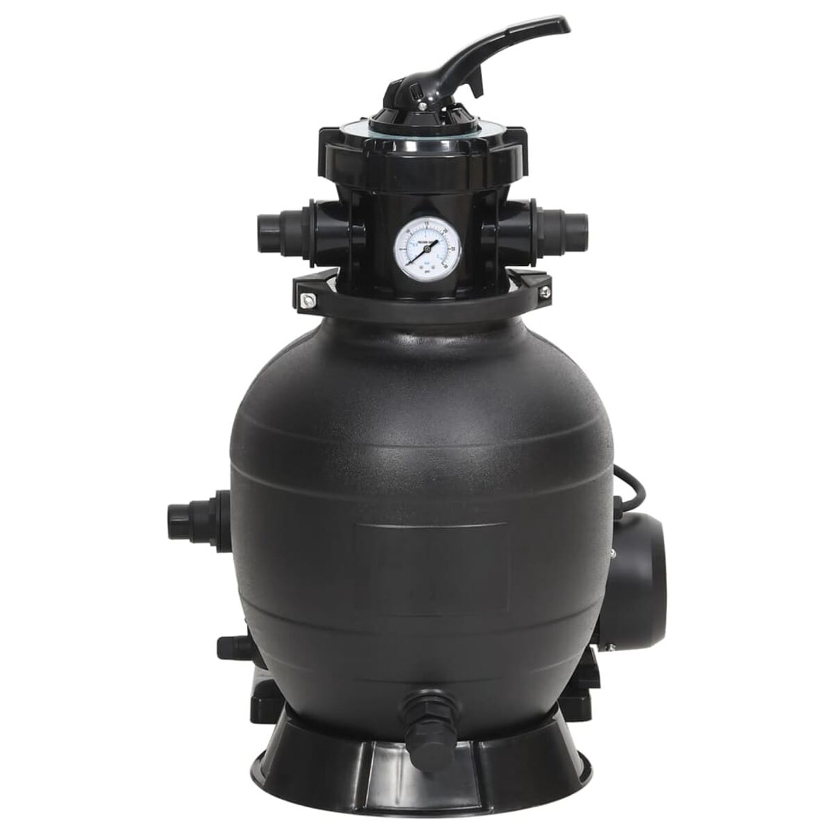 Schwarzer Poolfilter mit Anzeige und verschiedenen Anschlüssen. Er hat einen schwarzen Griff und einen Motor.