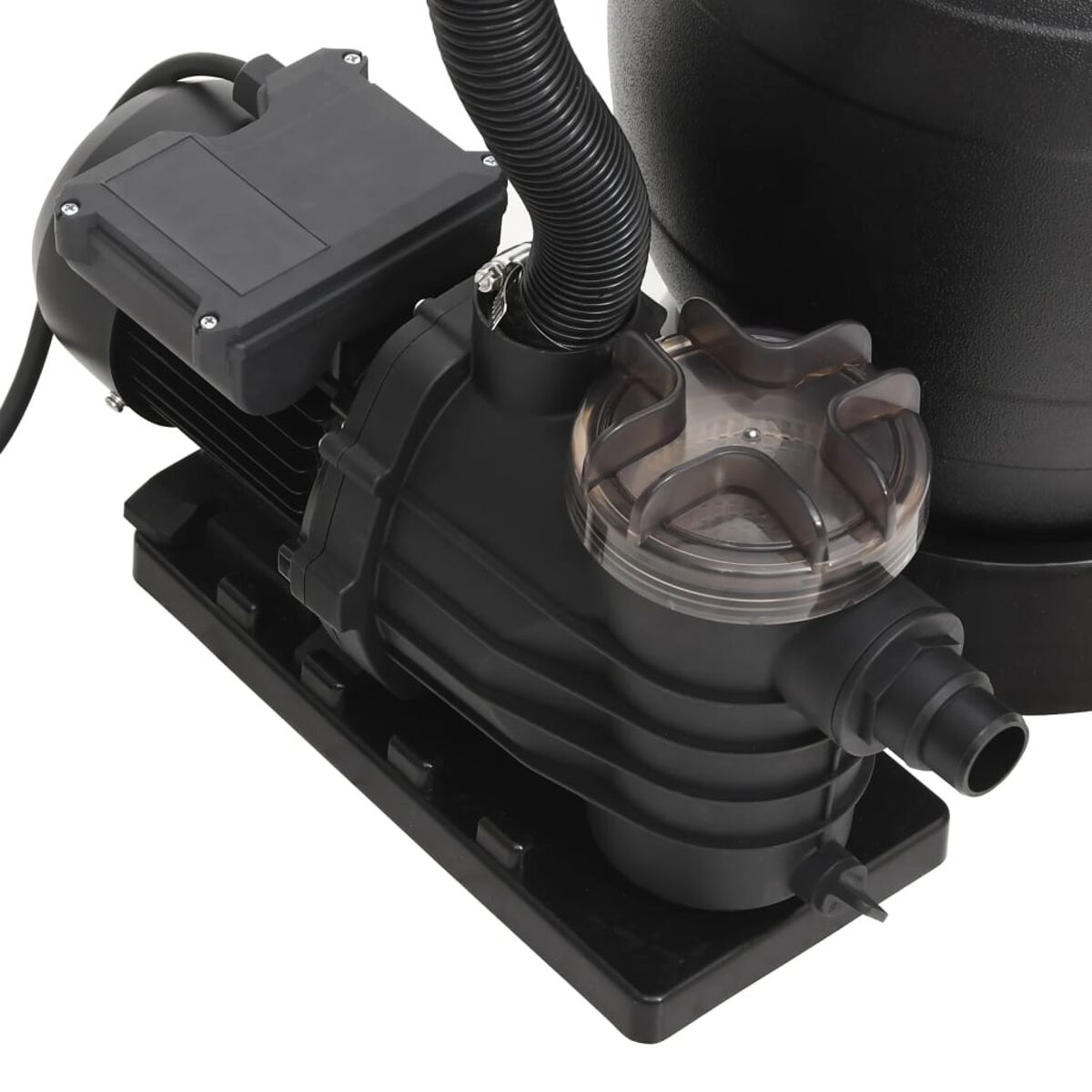 Eine schwarze Wasserpumpe mit transparentem Deckel und schwarzem Sockel, Nahaufnahme.