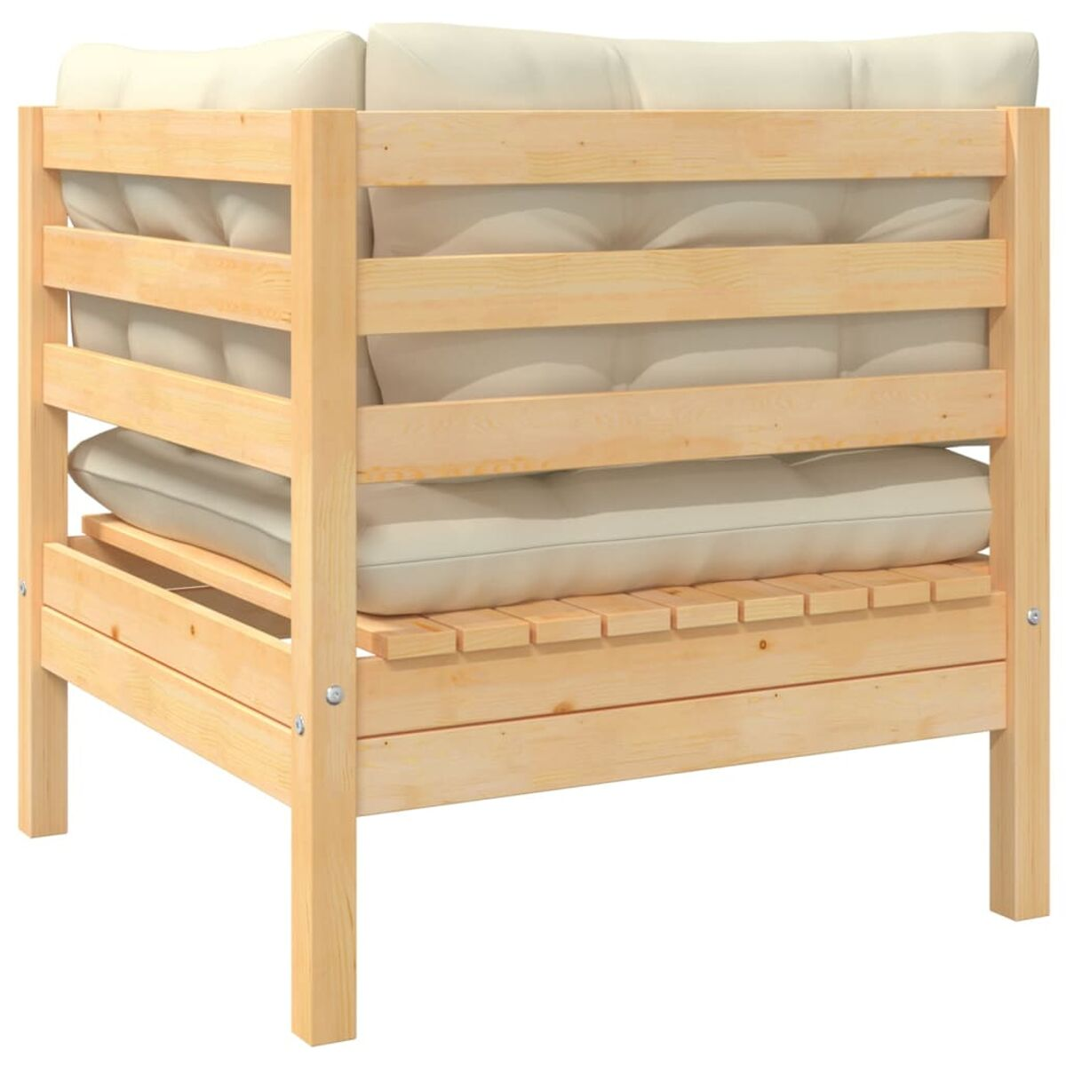 Holz-Außenstuhl mit beigen Kissen. Der Stuhl besteht aus Holzlatten.