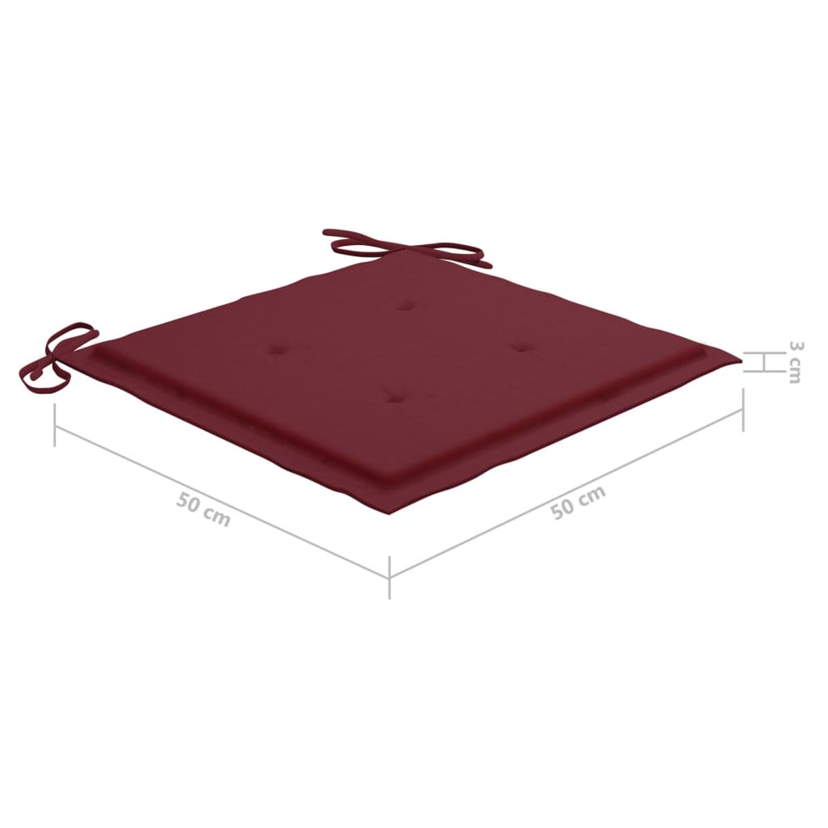 Ein quadratisches Kissen in tiefroter Farbe. Es hat Bindungen und ist 50 cm x 50 cm.