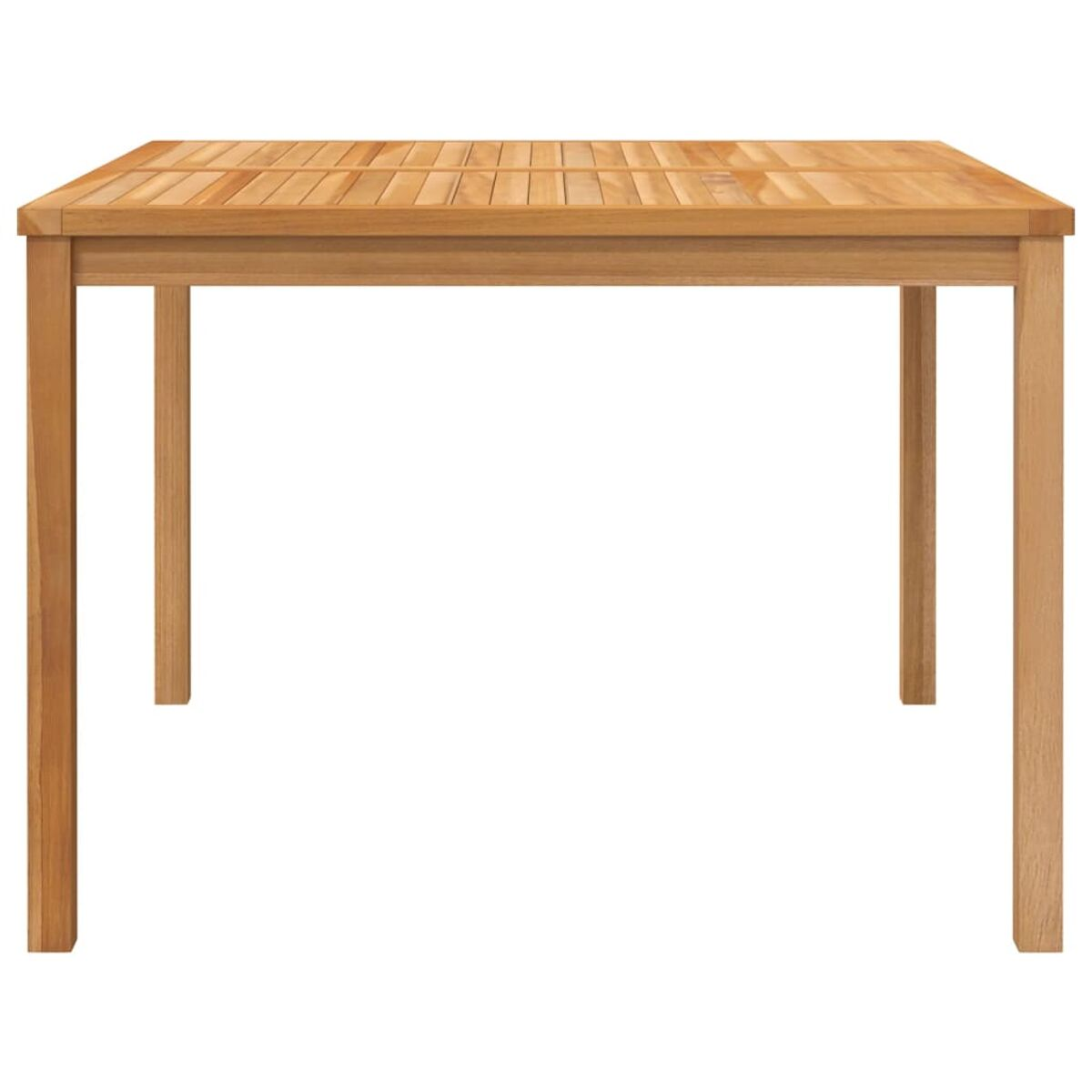 Quadratischer Holztisch mit Lattenrost und vier Beinen. Der Tisch ist hellbraun.