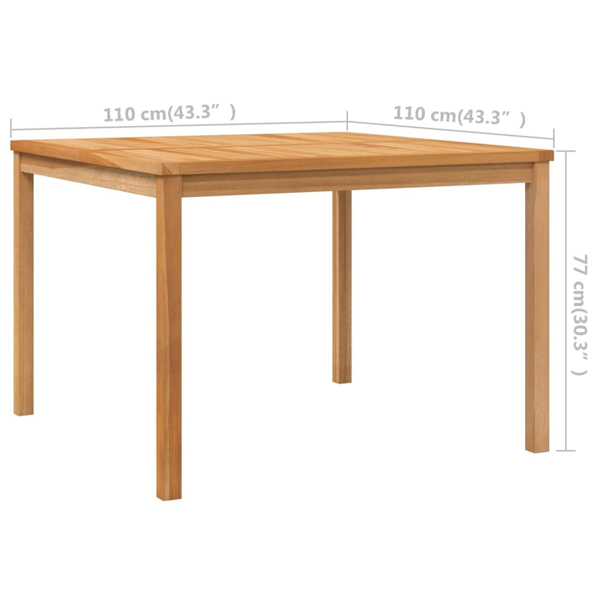 Quadratischer Holztisch. Hellbraun. Maße: 110 cm x 110 cm (43,3") und 77 cm (30,3") hoch.