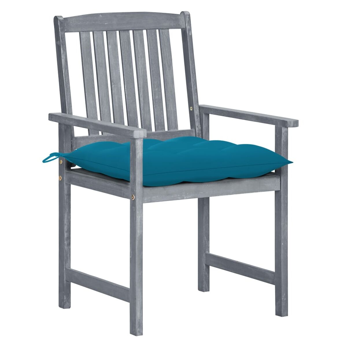 Grauer Holzstuhl mit blauem Kissen. Er hat Armlehnen und eine Lamellenlehne.