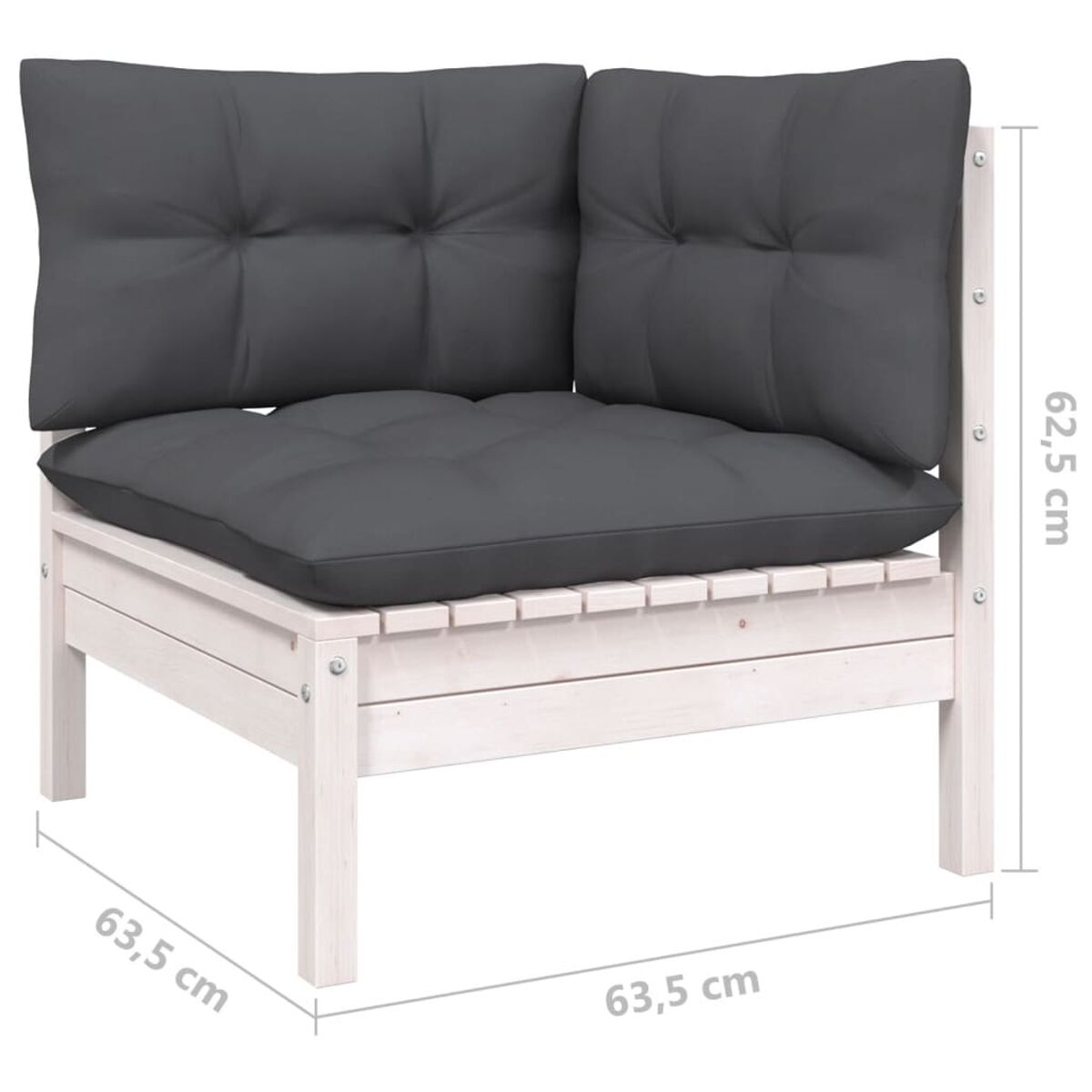 Ecksofa in Weiß mit grauen Kissen. Das Sofa hat die Maße 63,5 cm x 63,5 cm x 62,5 cm. Der Hintergrund ist weiß.