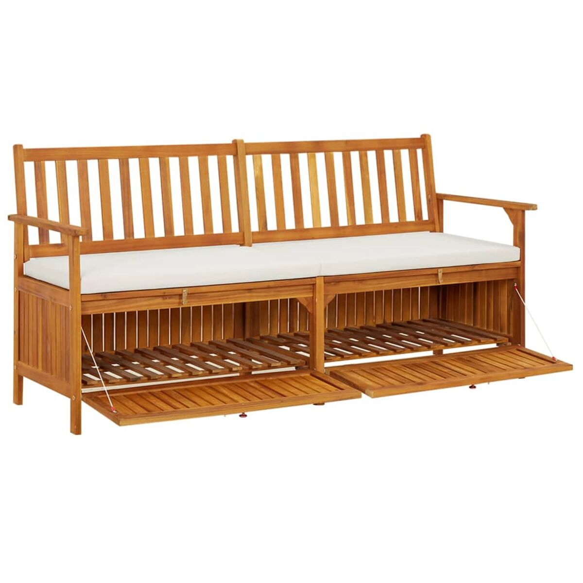 Eine Holzbank mit zwei offenen Staufächern. Sie hat ein weißes Kissen und eine offene Rückenlehne.
