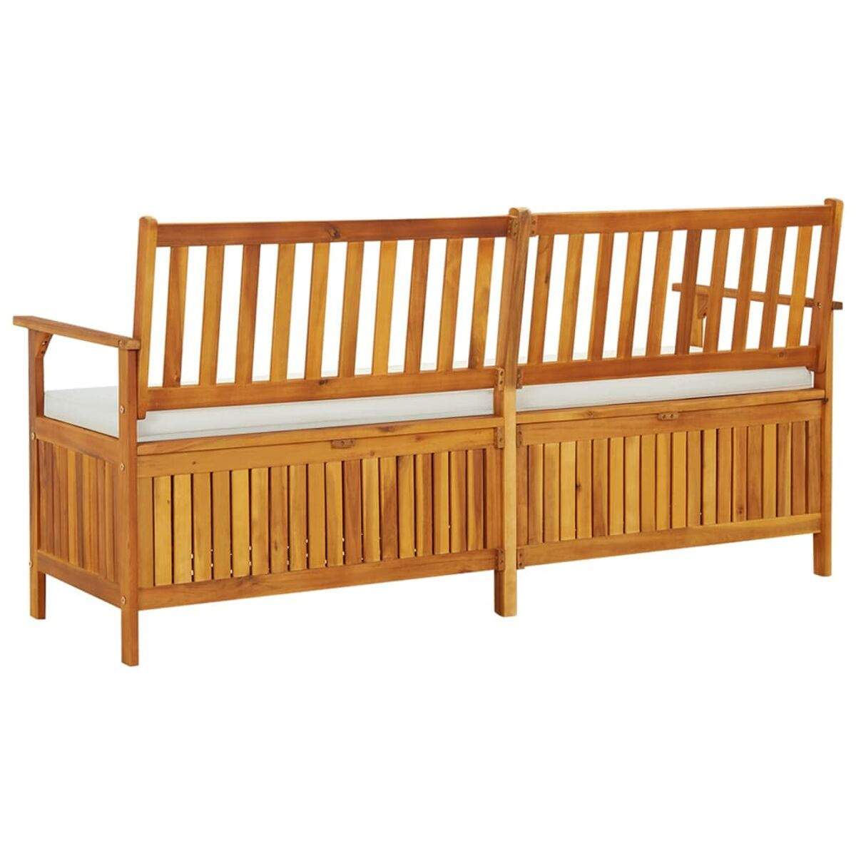 Holz-Gartenbank-Set mit Stauraum. Es hat ein gerades Design mit horizontalen Lamellen.