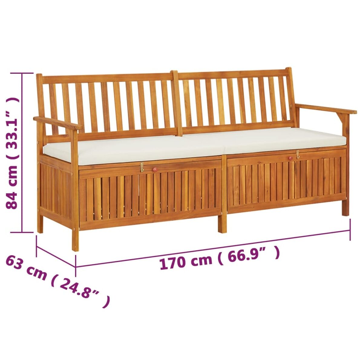 Gartenbank aus Holz mit Stauraum, Maße in cm und Zoll angegeben.