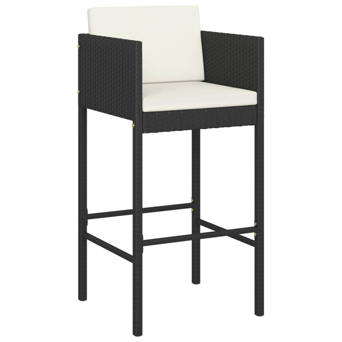 Schwarzer Rattan-Barhocker mit weißem Kissen. Er hat einen quadratischen Sitz und Rückenlehne und ein schwarzes Metallgestell.