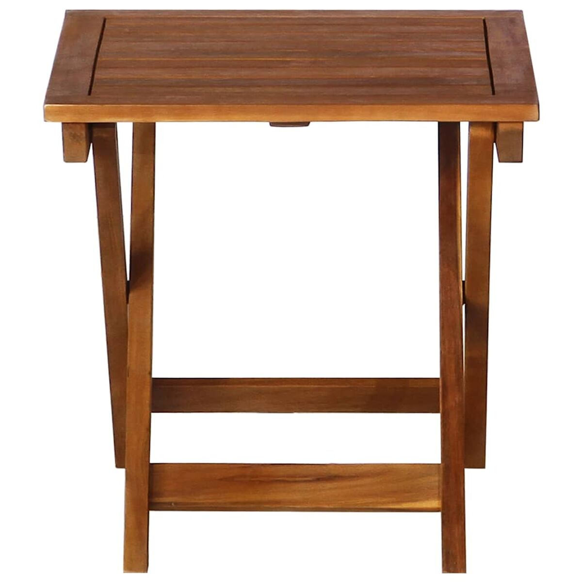 Faltbarer Beistelltisch aus Holz, braun, rechteckige Oberseite und klappbare Beine. Weißer Hintergrund.