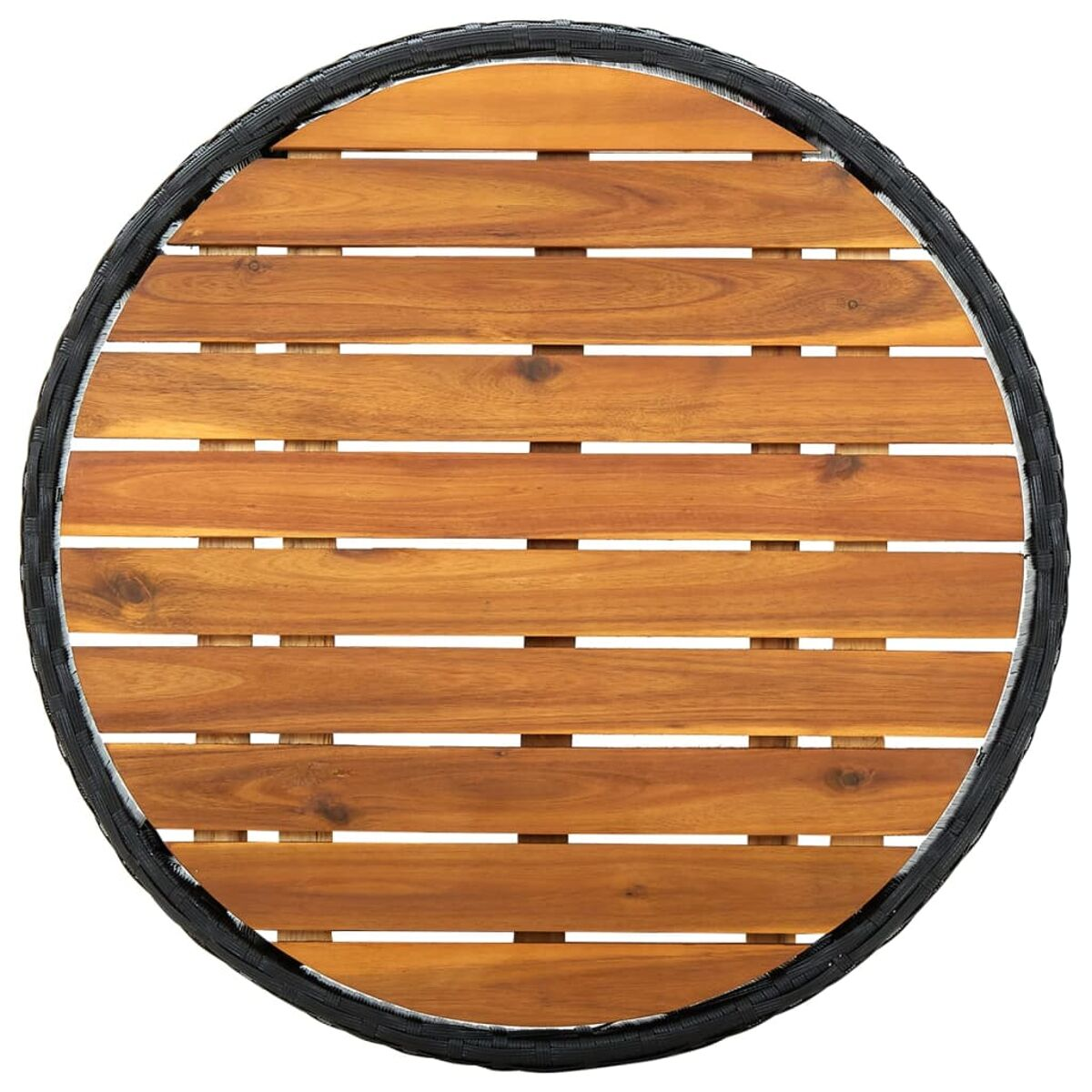 Ein kreisförmiger Holztisch, von oben betrachtet, zeigt ein detailliertes Lamellendesign und einen schwarzen Rand.