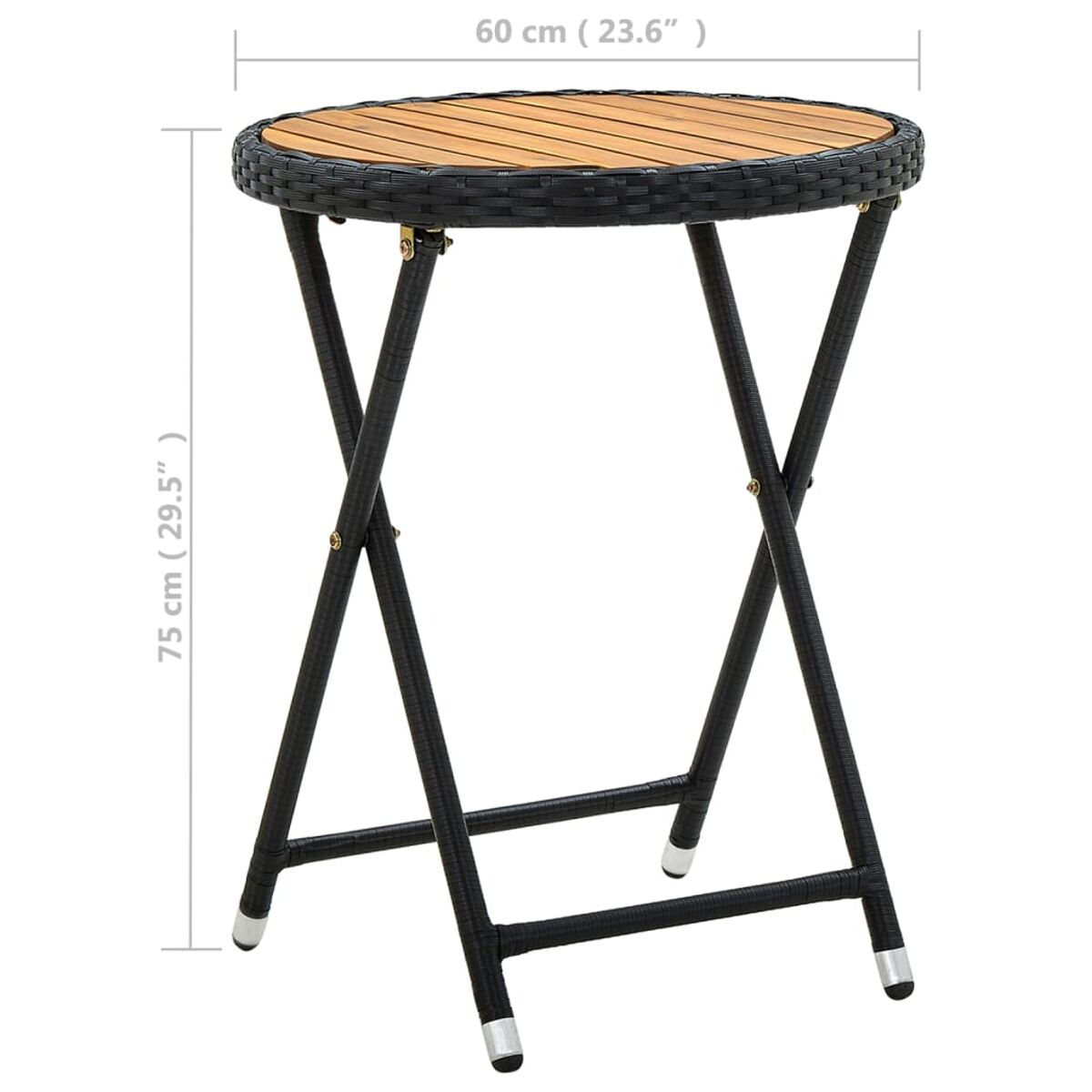 Runder Klapptisch mit schwarzem Gestell und Holzplatte. Abmessungen sind angegeben.