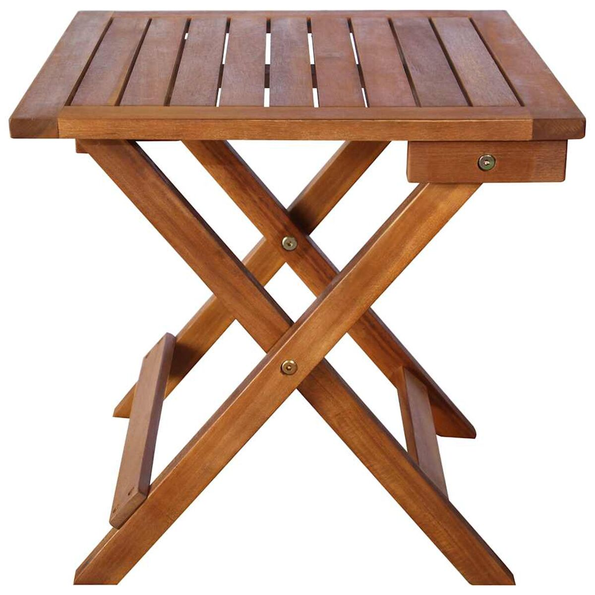 Kleiner Holzklapptisch. Die Oberseite ist lattenförmig. Die Beine kreuzen sich in X-Form.