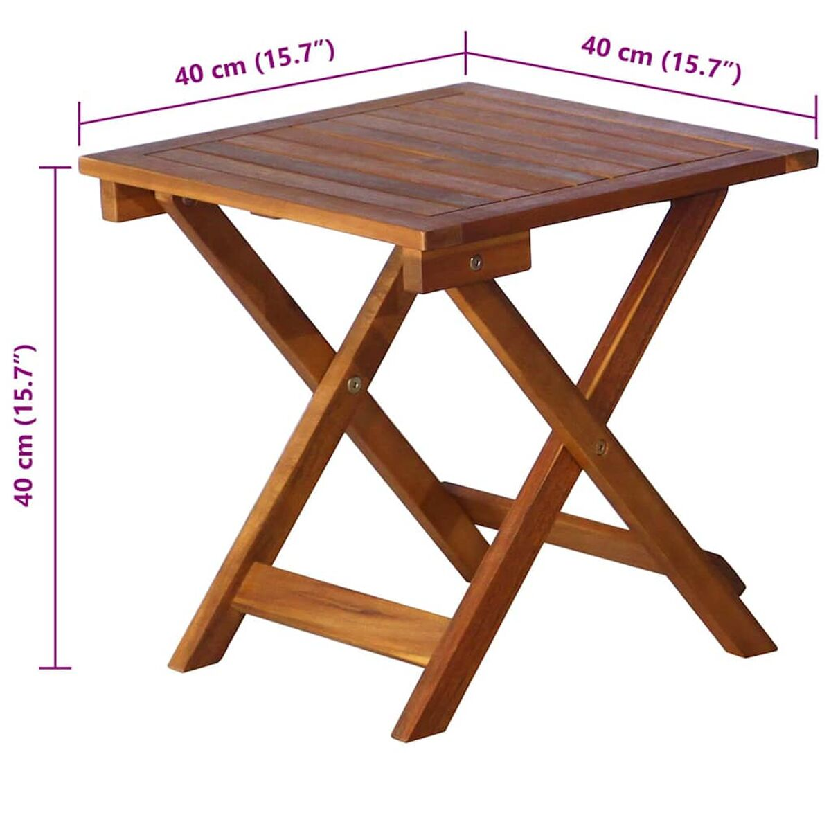 Holz-Klapptisch. Braune, quadratische Platte, kreuzbeiniger Fuß. Abmessungen sind sichtbar.