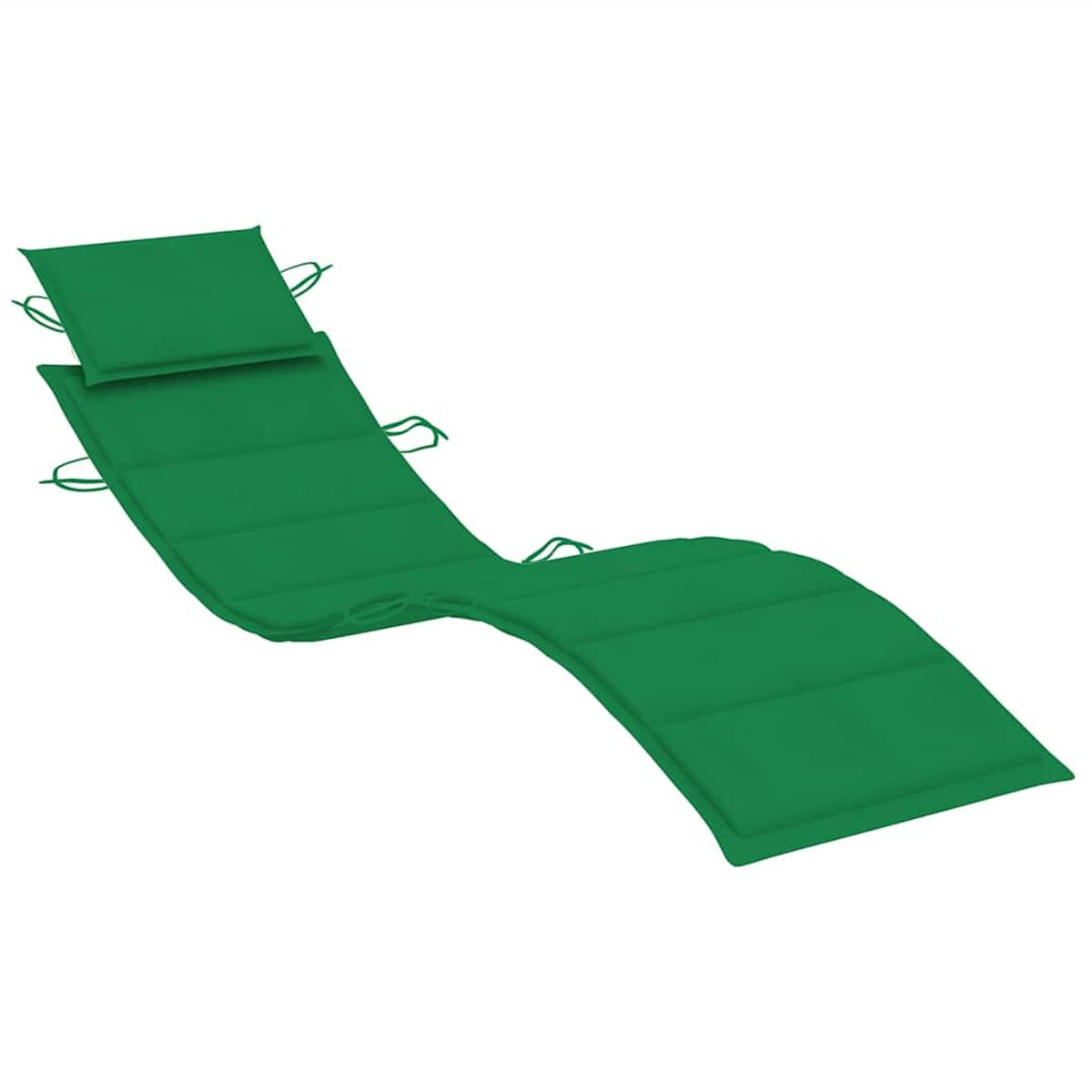 Ein grünes Chaiselongue-Kissen mit Kissen, vor weißem Hintergrund. Es hat Bindebänder.