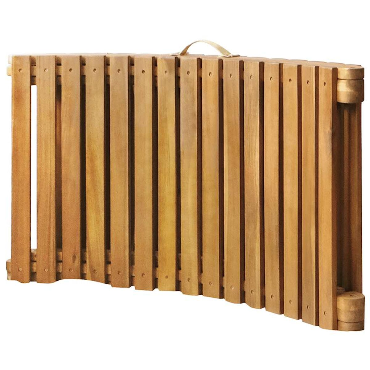 Ein zusammengeklappter Gartenbildschirm aus Holz mit Griff, der ein Lamellendesign in Seitenansicht zeigt.