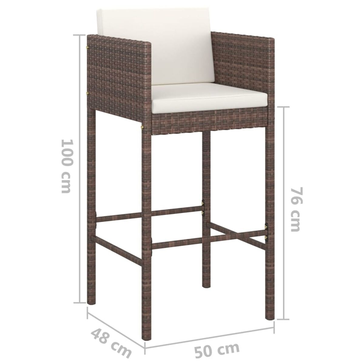 Brauner Rattan-Barstuhl mit weißem Kissen. Maße: 48 cm x 50 cm, 100 cm hoch, 76 cm hoch.