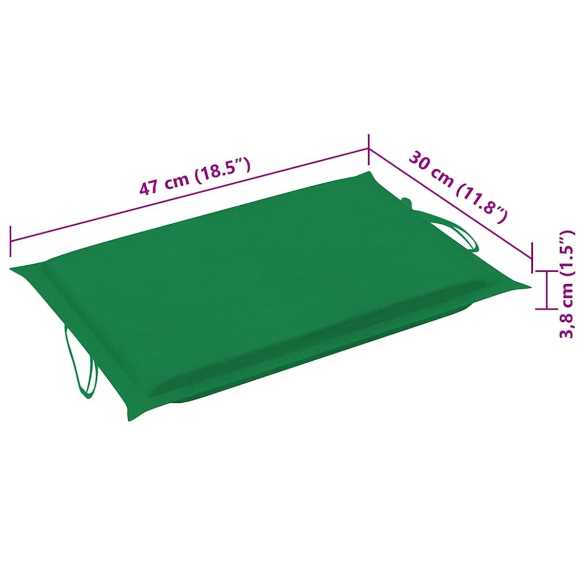 Grünes Outdoor-Kissen mit Abmessungen in Zentimetern und Zoll.