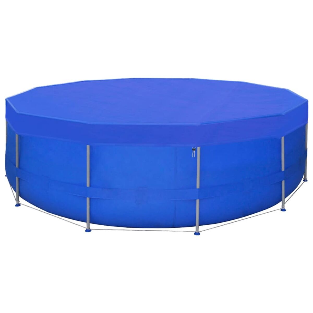 Blauer Aufstellpool mit blauer Abdeckung. Metallrahmen trägt den Pool. Weißer Hintergrund.