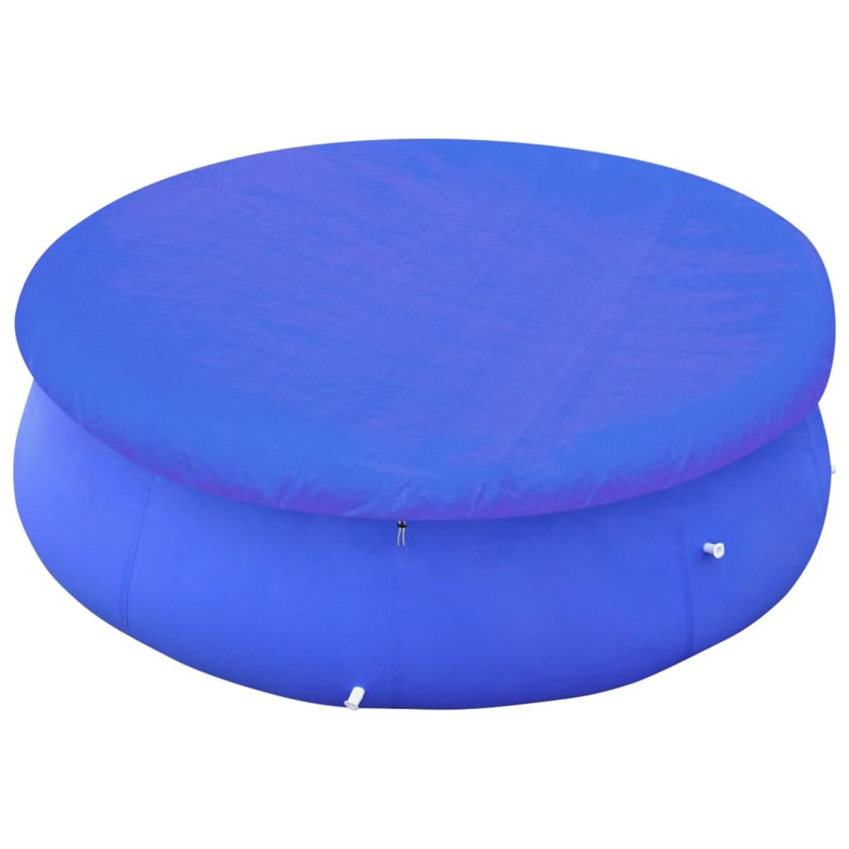 Runder blauer Pool. Der Pool hat eine blaue Abdeckung, die ihn teilweise bedeckt.