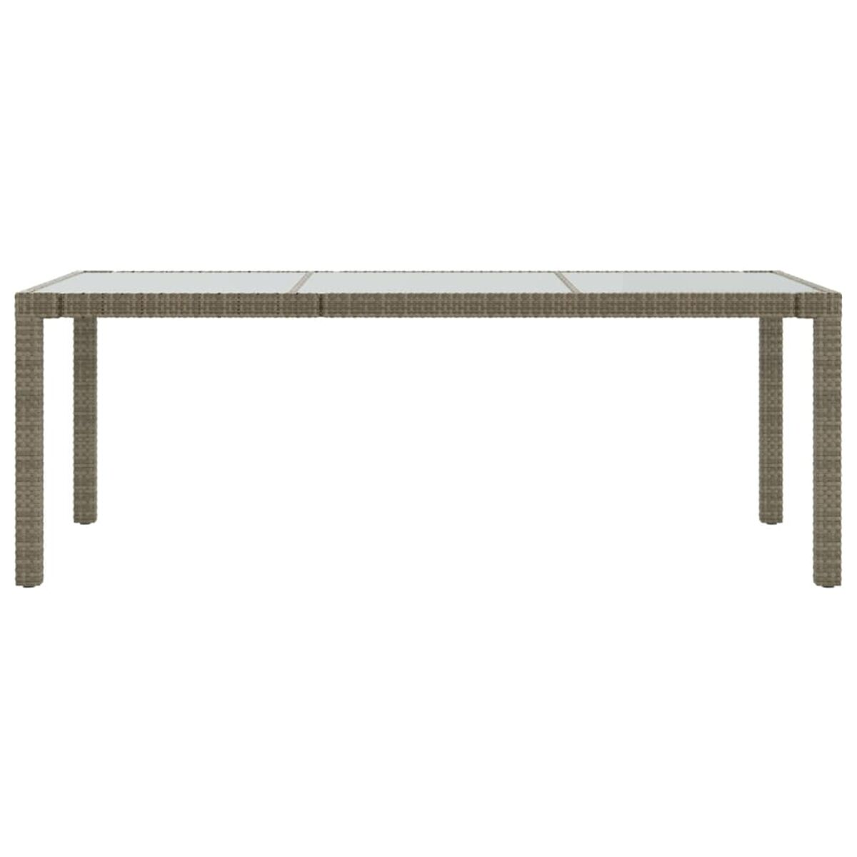 Ein rechteckiger Outdoor-Tisch mit grauem Webrahmen und Glasplatte, vor weißem Hintergrund.
