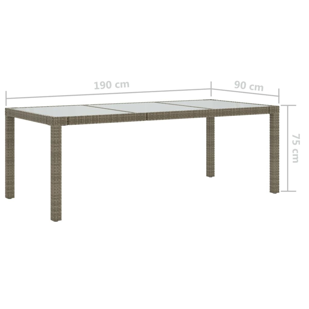 Rechteckiger brauner Outdoor-Tisch mit Maßen. Der Tisch hat eine Glasplatte und graue Beine.