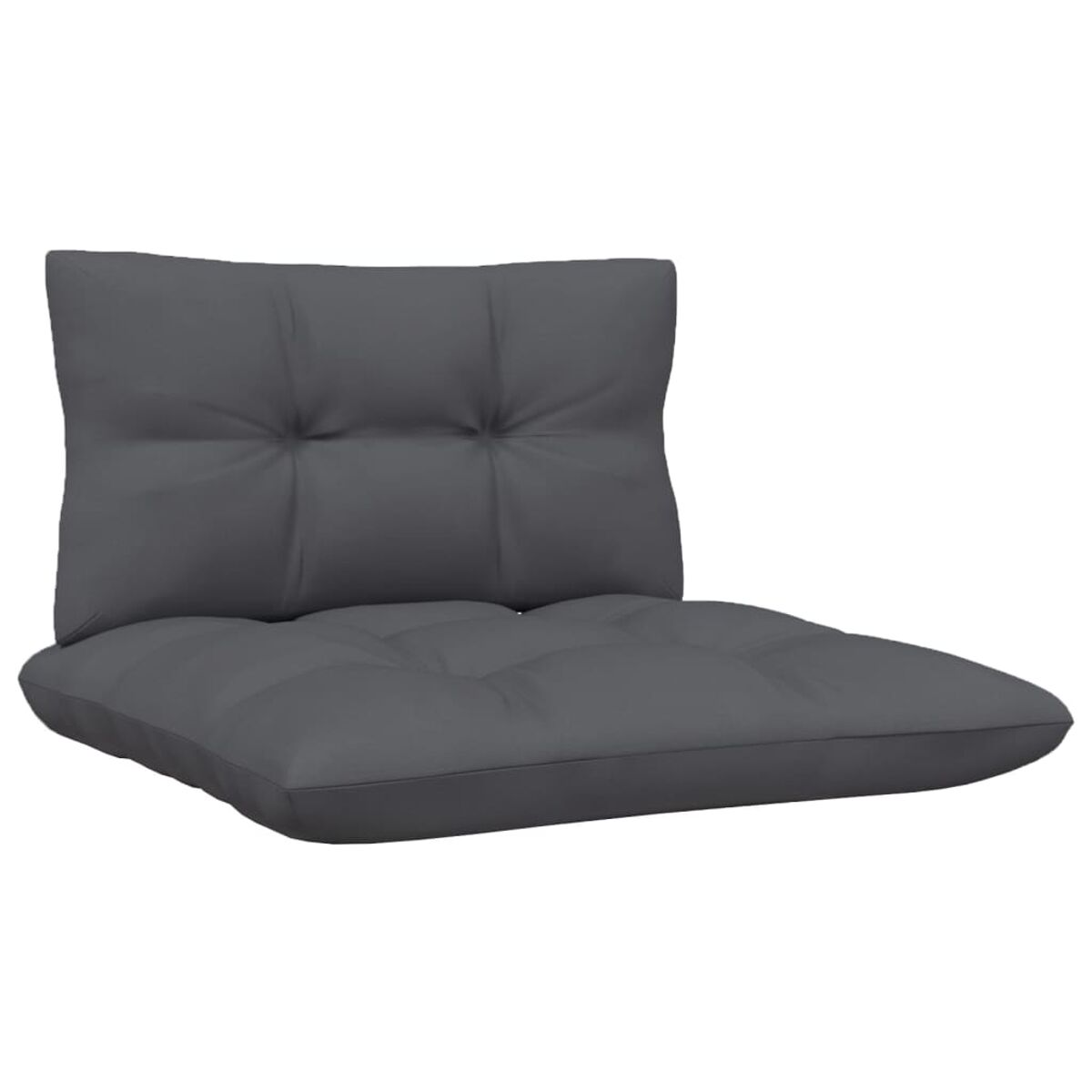 Ein graues Outdoorkissen liegt auf dem Boden. Das Kissen ist rechteckig und hat ein getuftetes Design.