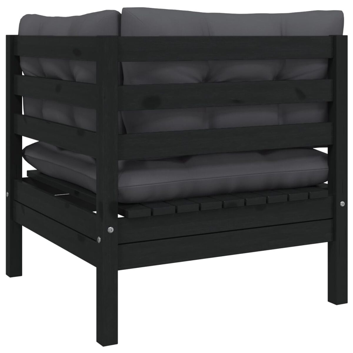 Ein dunkles Ecksofa aus Holz mit grauen Kissen. Das Sofa steht auf weißem Hintergrund.