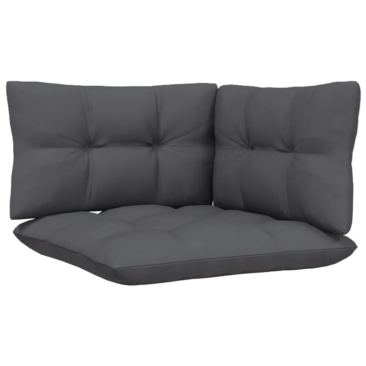 Zwei dunkelgraue Eckkissen. Sie haben ein getuftetes Design und sind wahrscheinlich für ein Outdoor-Sofa gedacht.