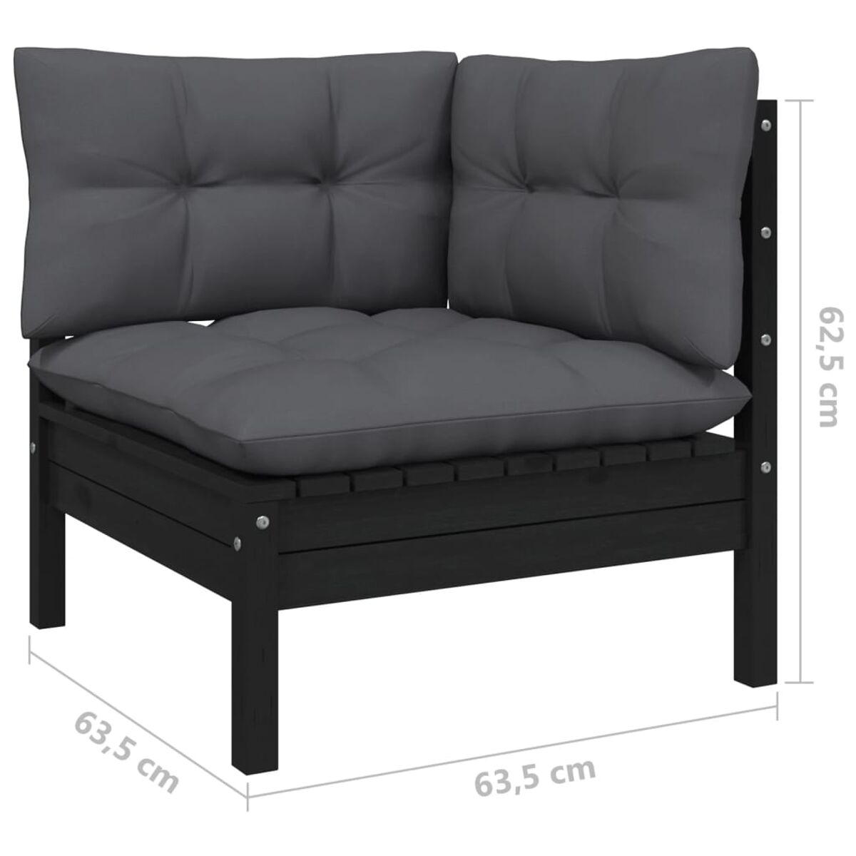 Ein schwarzes Ecksofa mit zwei grauen Kissen. Es hat einen Holzrahmen und eine quadratische Form.