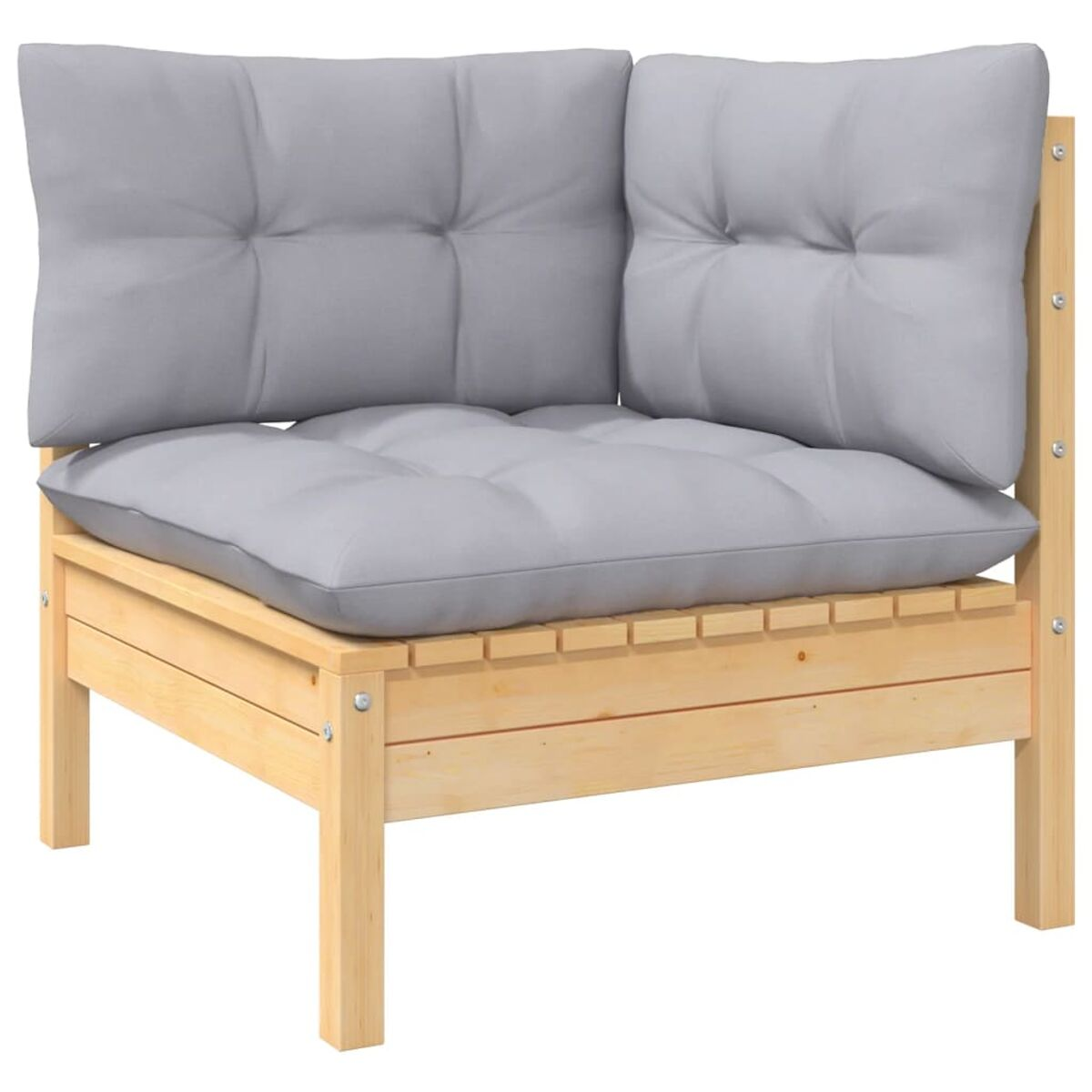 Heller Holz-Eckstuhl. Graues Kissen. Quadratisches Design mit sichtbarer Hardware.